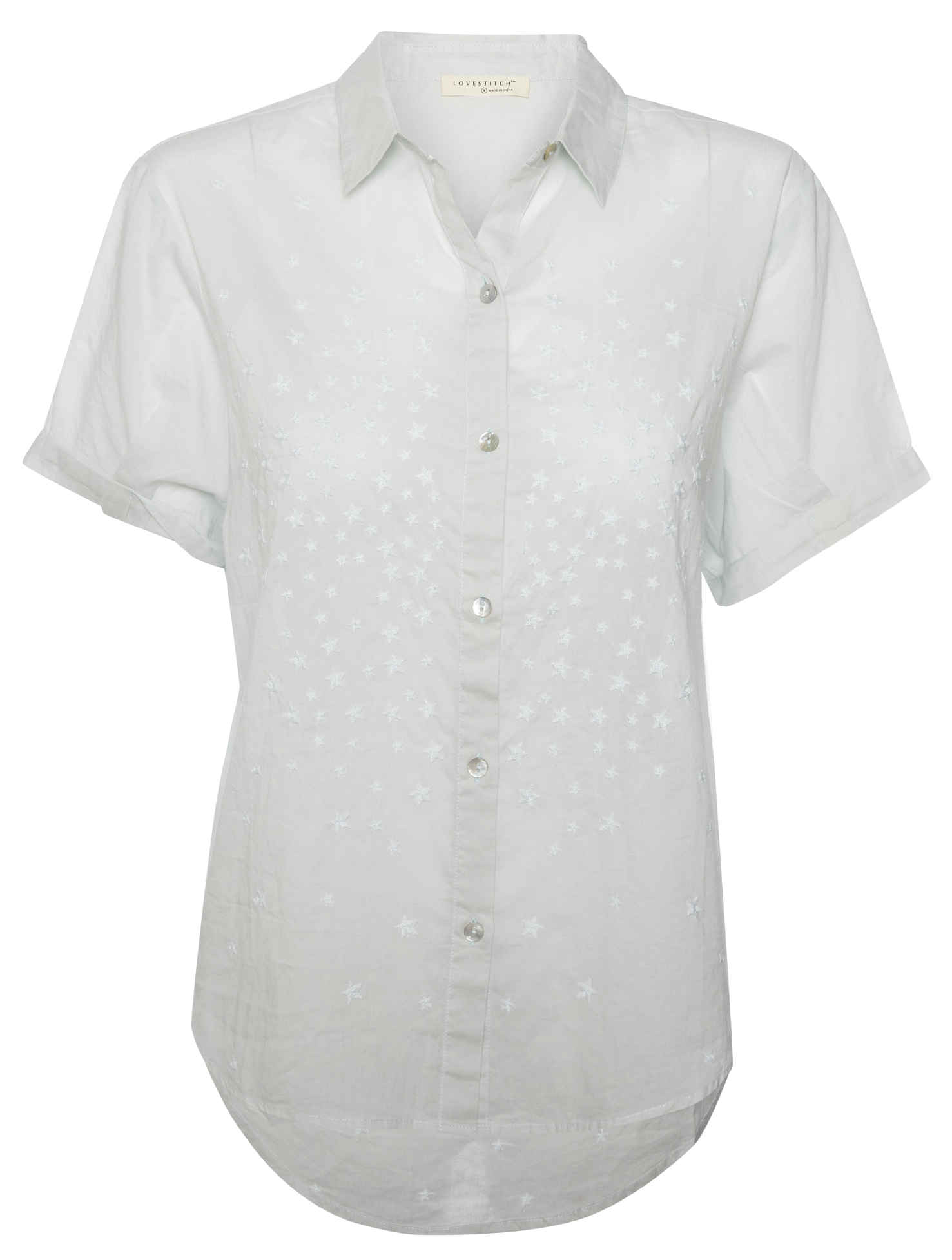 Star Embroidered Button Up Short Sleeve Top