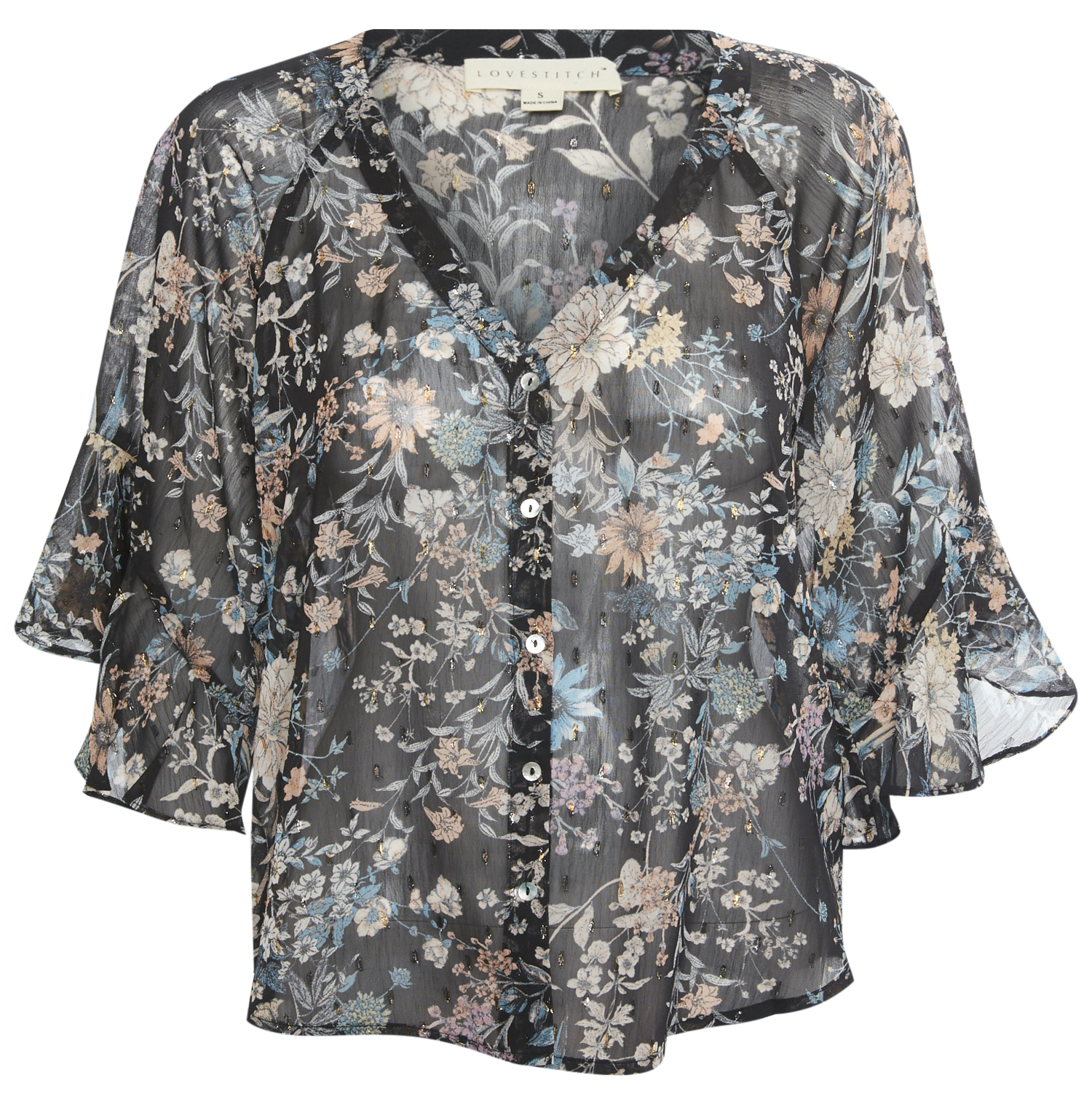 Sheer Floral V Neck Blouse